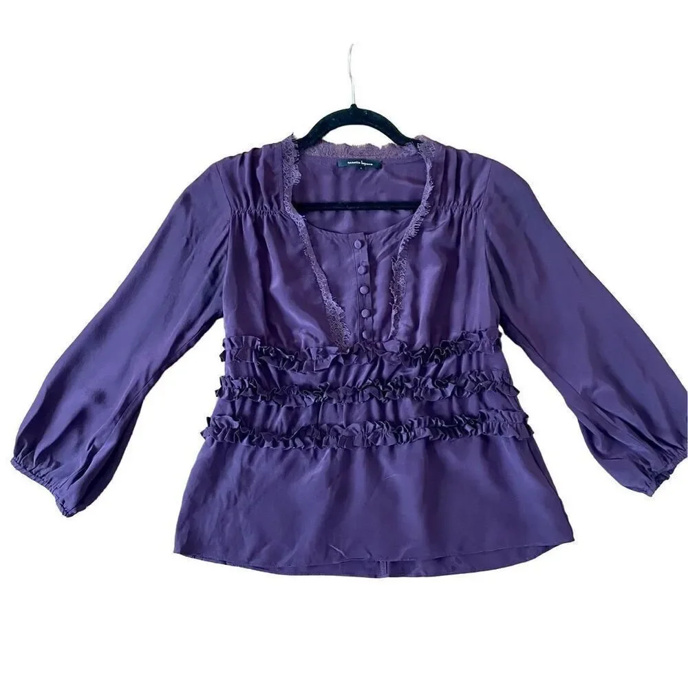 Nanette lepore 100% silk purple ruffled lace trim blouse size 0